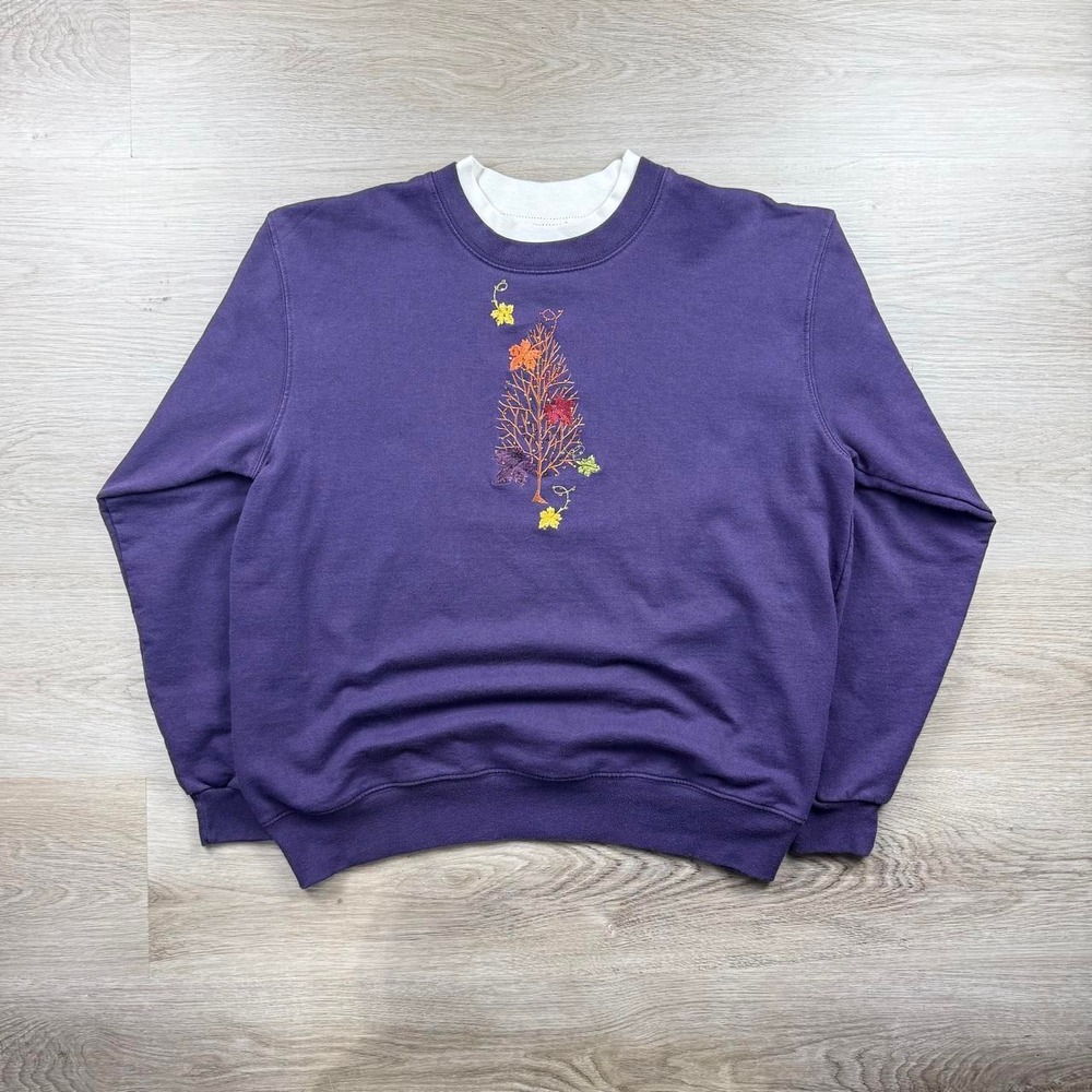 Decorated Originals Fall Tree Sequined Embroidered Double Collar Sweatshirt L